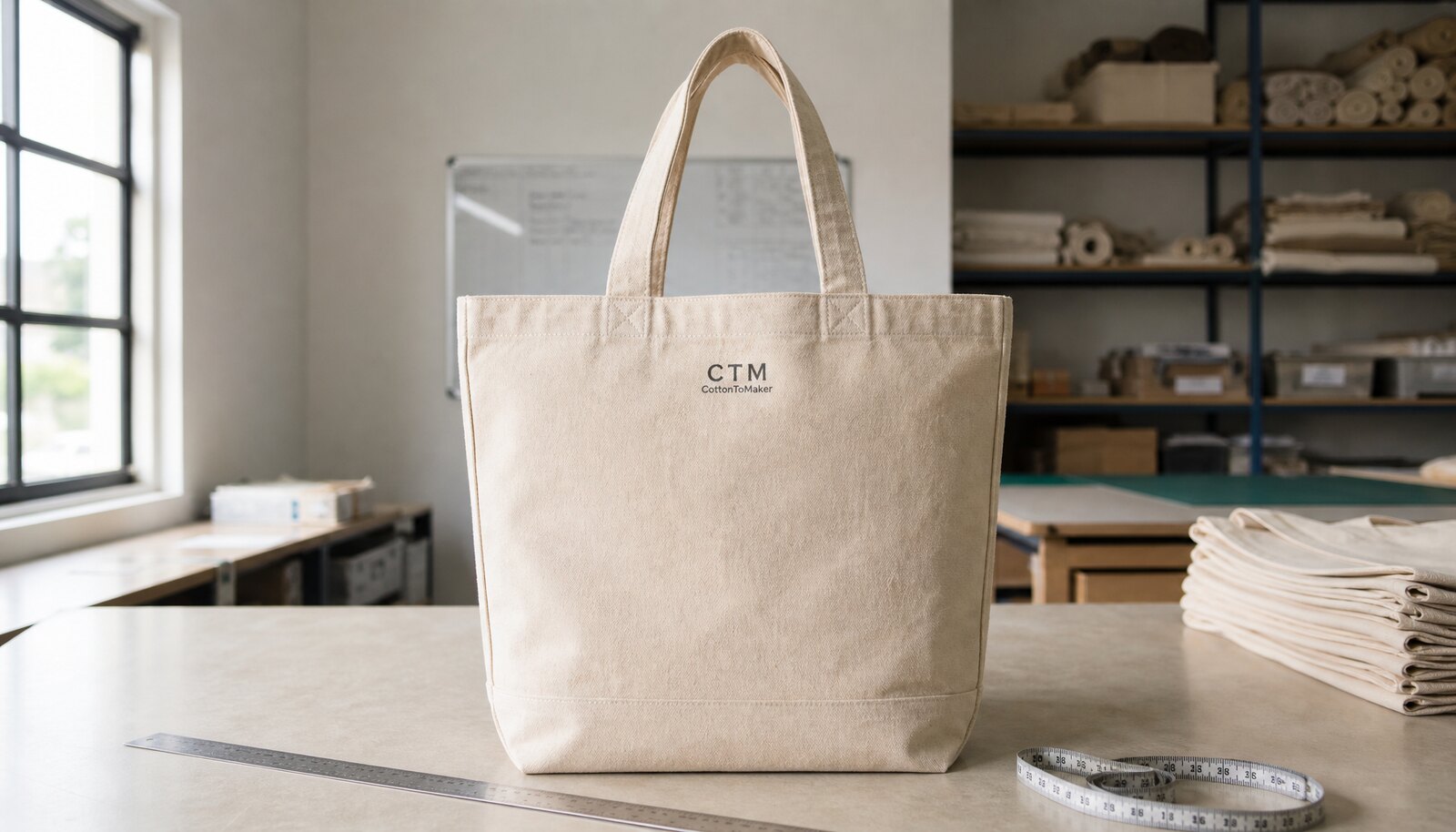 Natural canvas tote bag with a simple CTM sample logo printed on the front panel in a clean factory sample room.