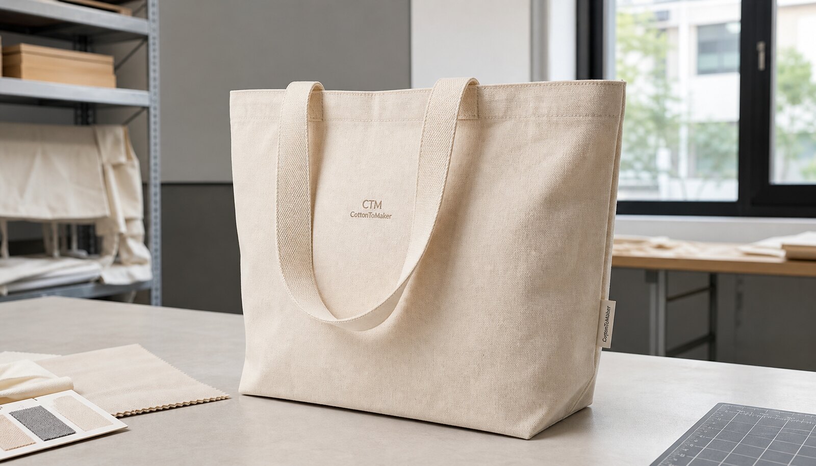 Natural canvas tote bag with a small CTM logo printed on the front and a sewn side label in a clean sample room.