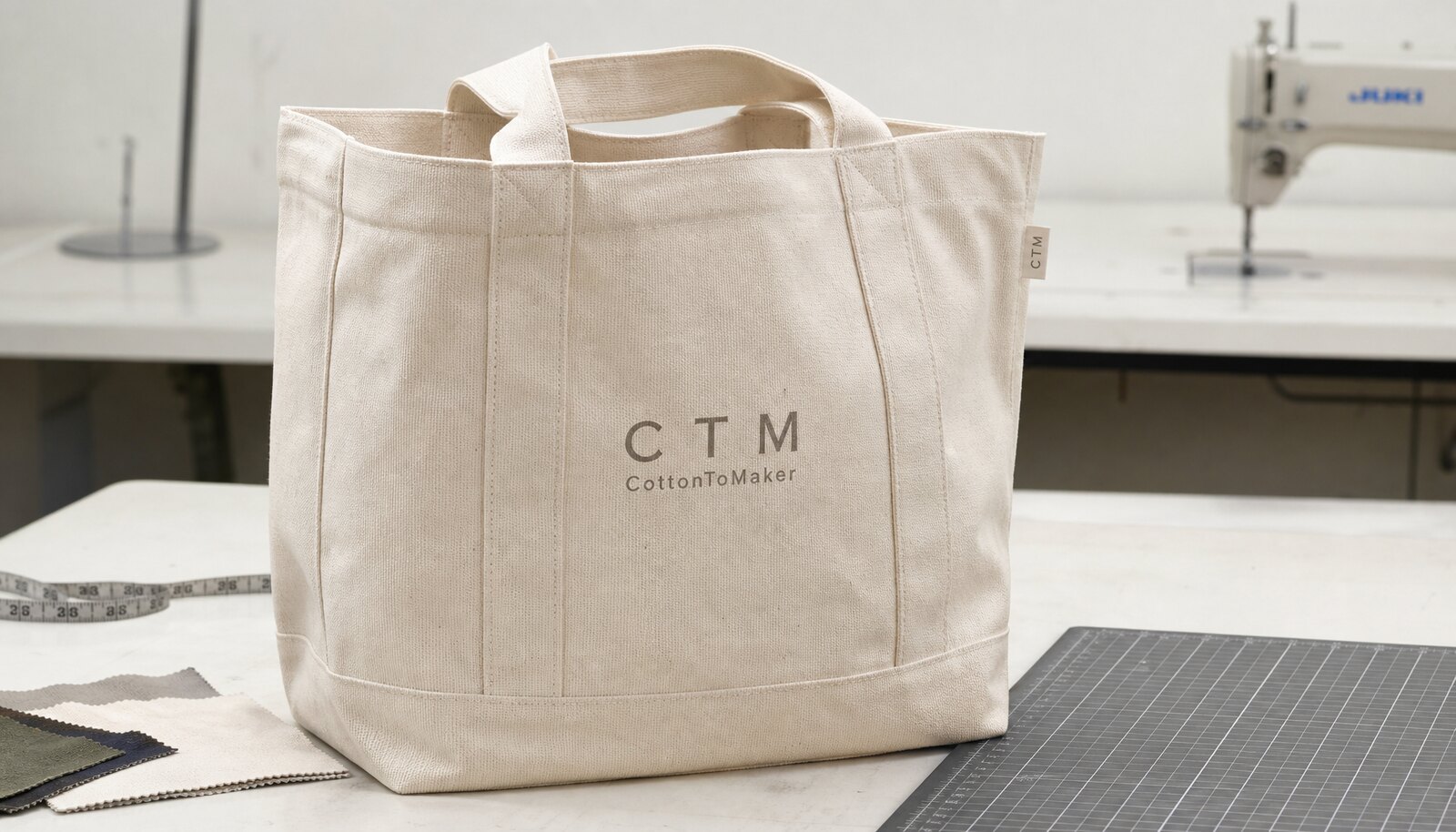 Heavy canvas tote bag with a simple CTM CottonToMaker sample logo in a clean factory sample room