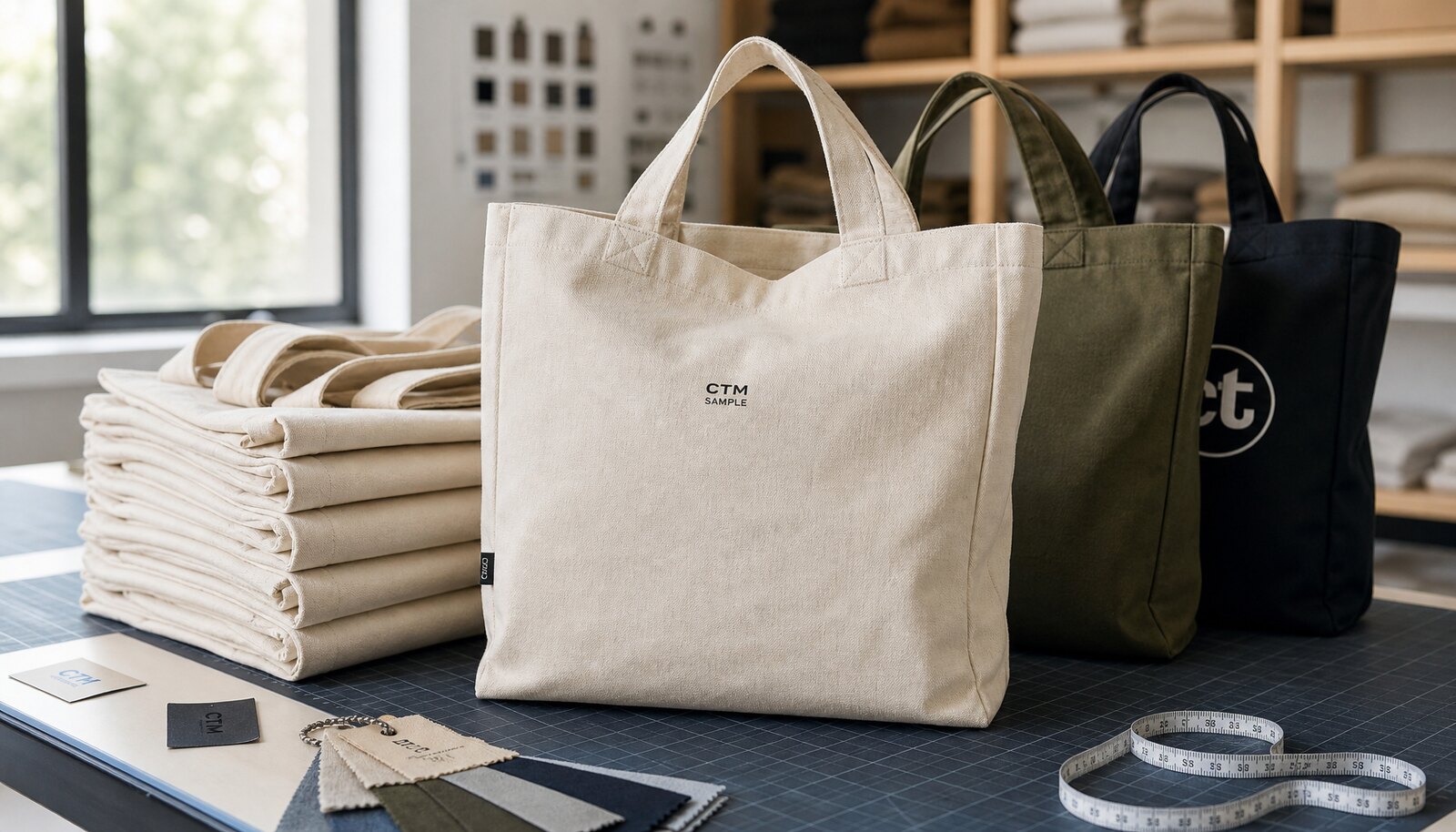 Photorealistic custom canvas tote bag with a simple CTM sample logo printed in a factory sample room