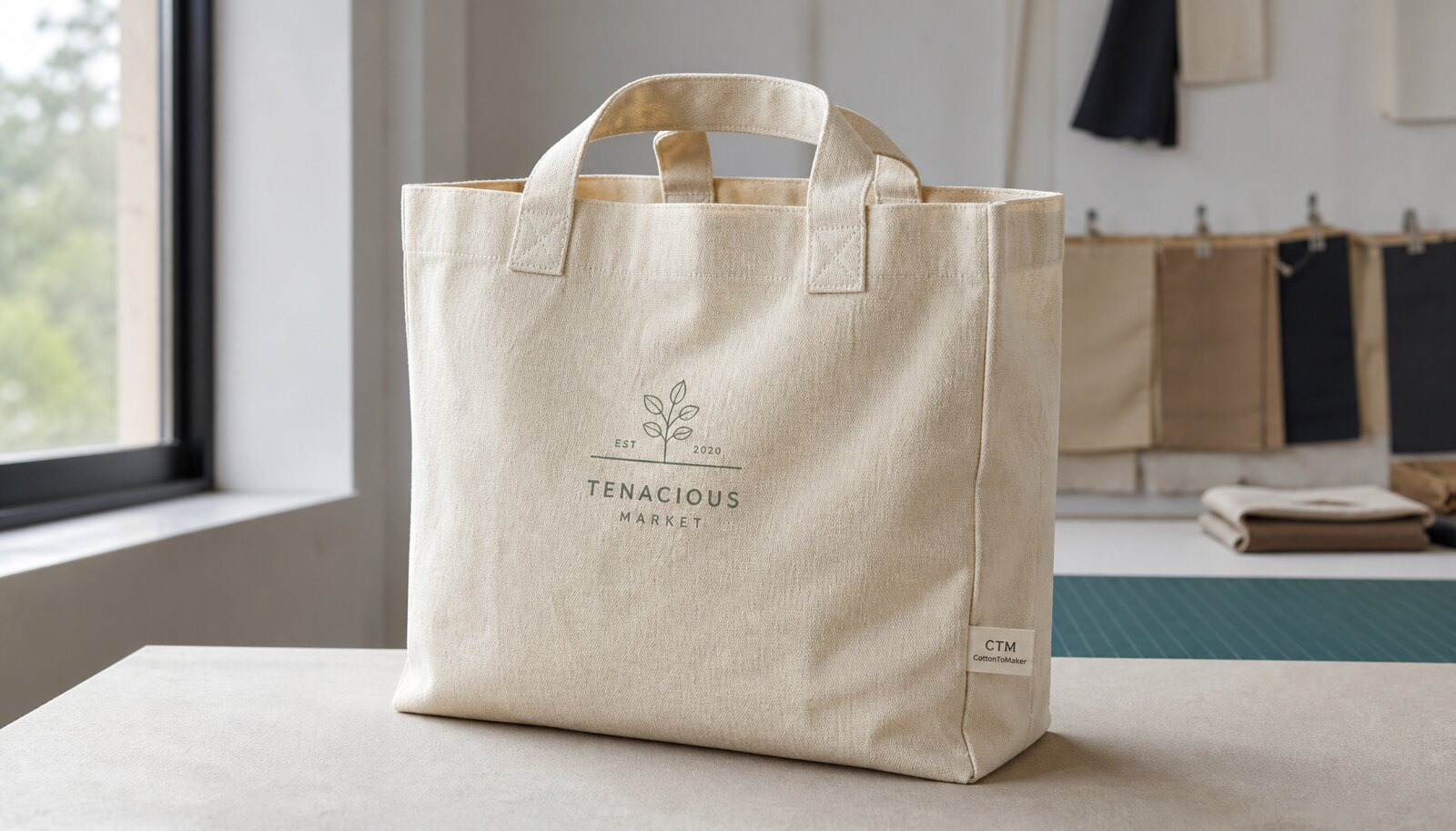 Natural canvas tote bag with a simple CTM side label in a clean sample room