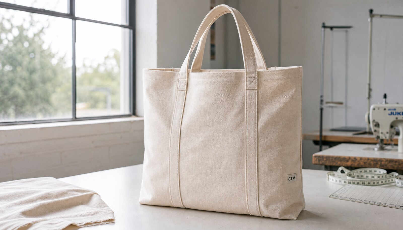 Photorealistic custom canvas tote bag with a simple CTM sample logo in a factory sample room.