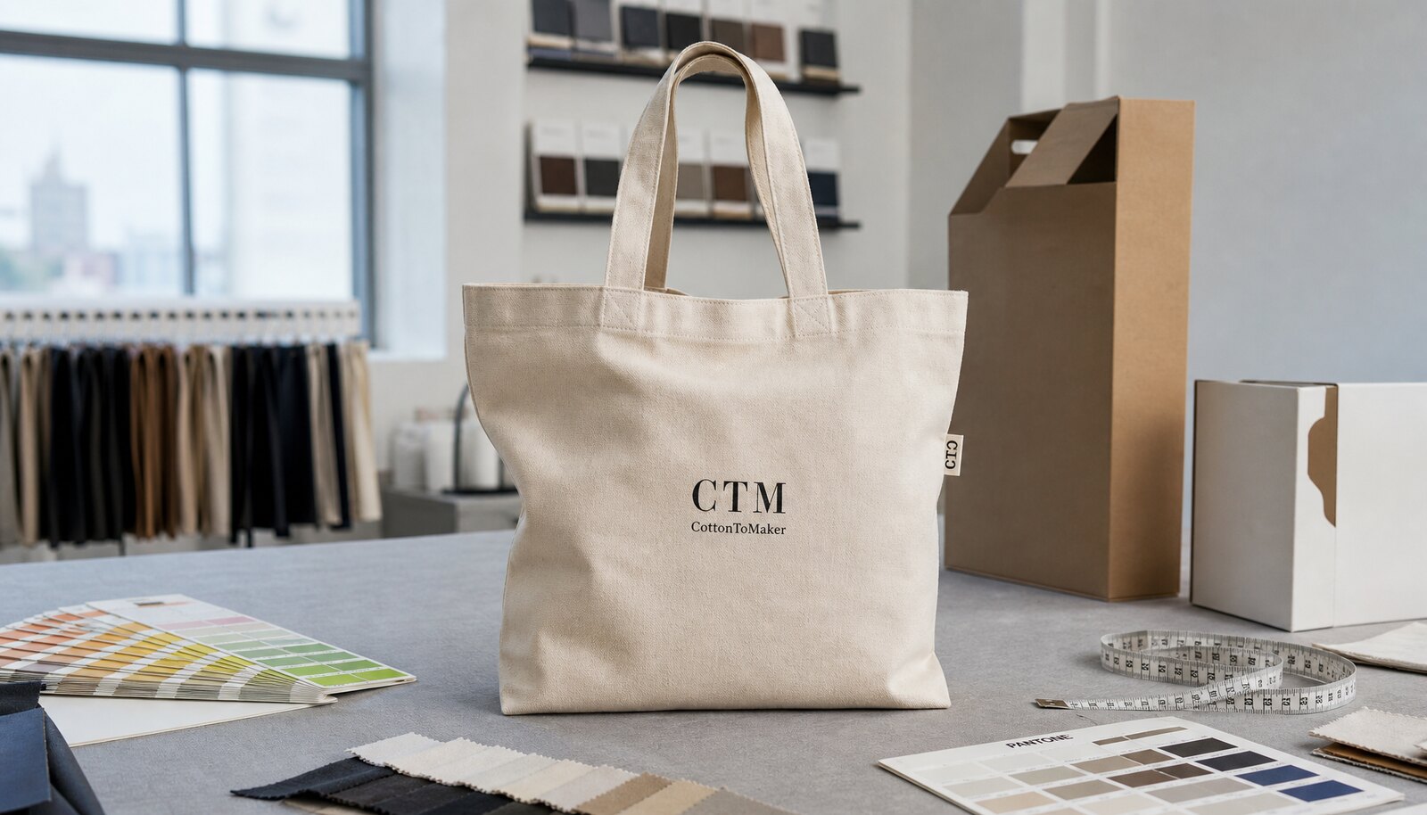 Natural canvas tote bag with a CTM woven side label in a factory sample room.