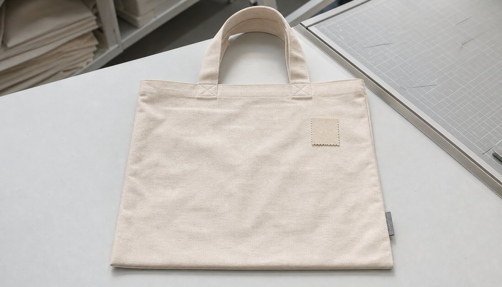 A natural canvas tote bag with a small CTM sample logo in a clean factory sample room