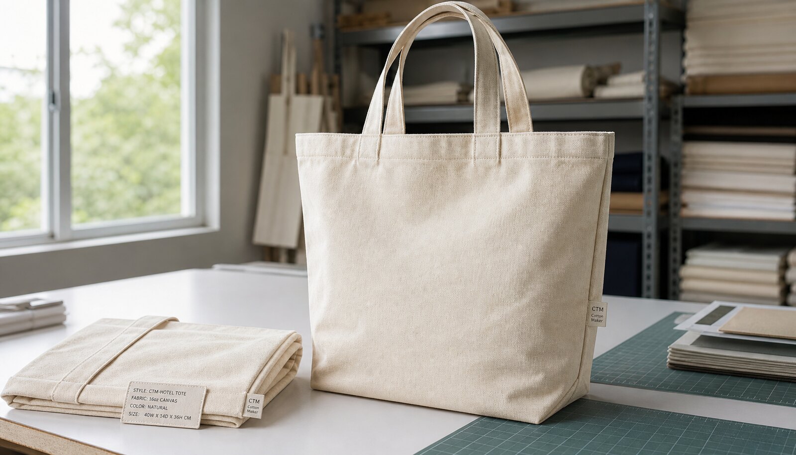 Photorealistic canvas tote bag sample with a sewn CottonToMaker side label in a factory sample room