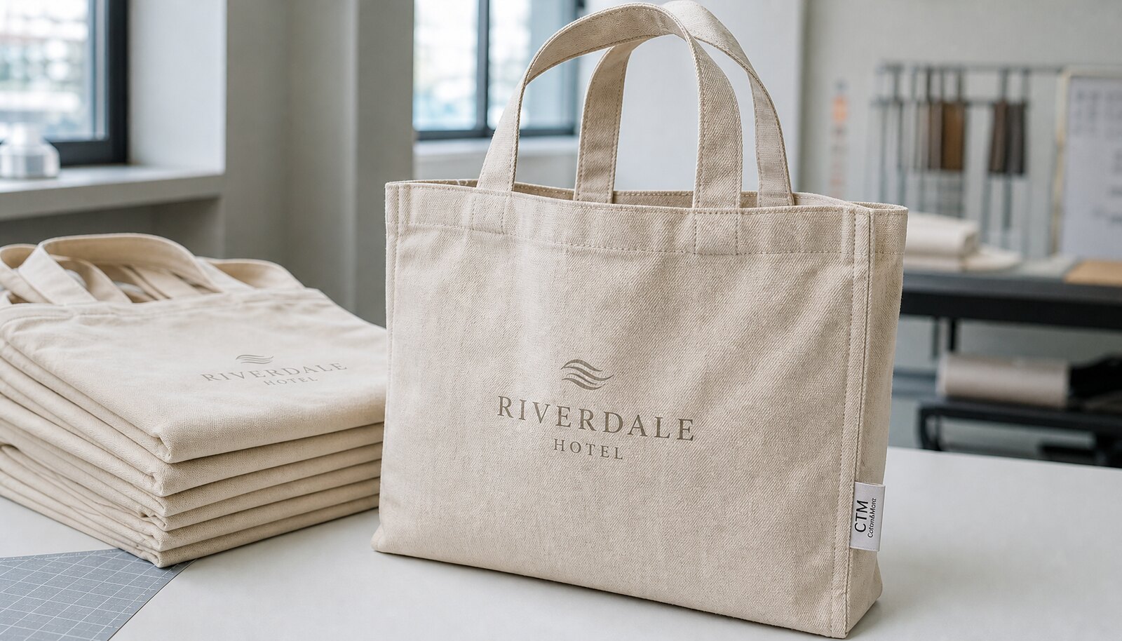 Natural canvas tote bag with a small sewn CTM CottonToMaker side label shown in a factory sample room