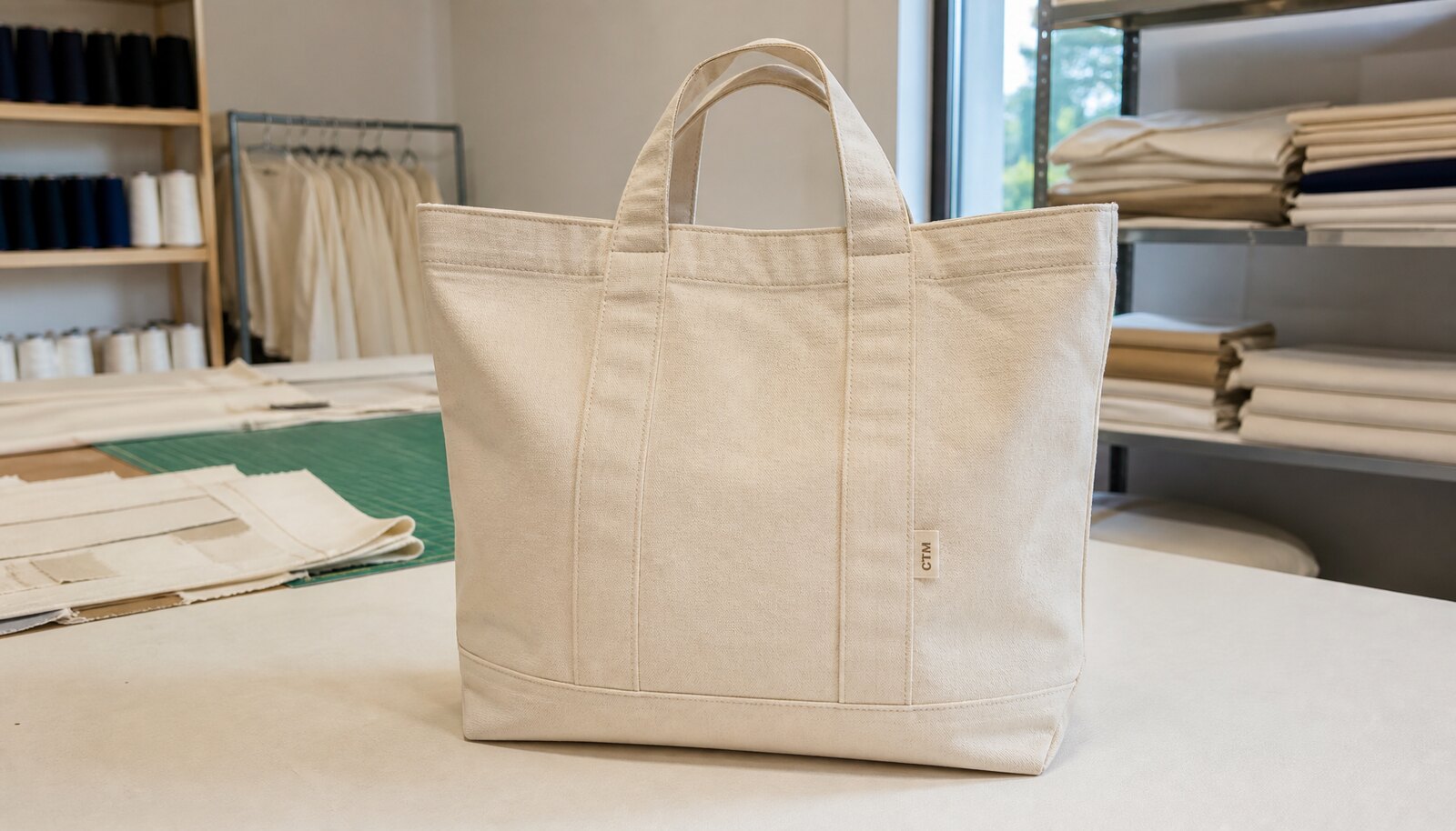 Photorealistic canvas tote bag sample with a CTM logo in a clean factory sample room.