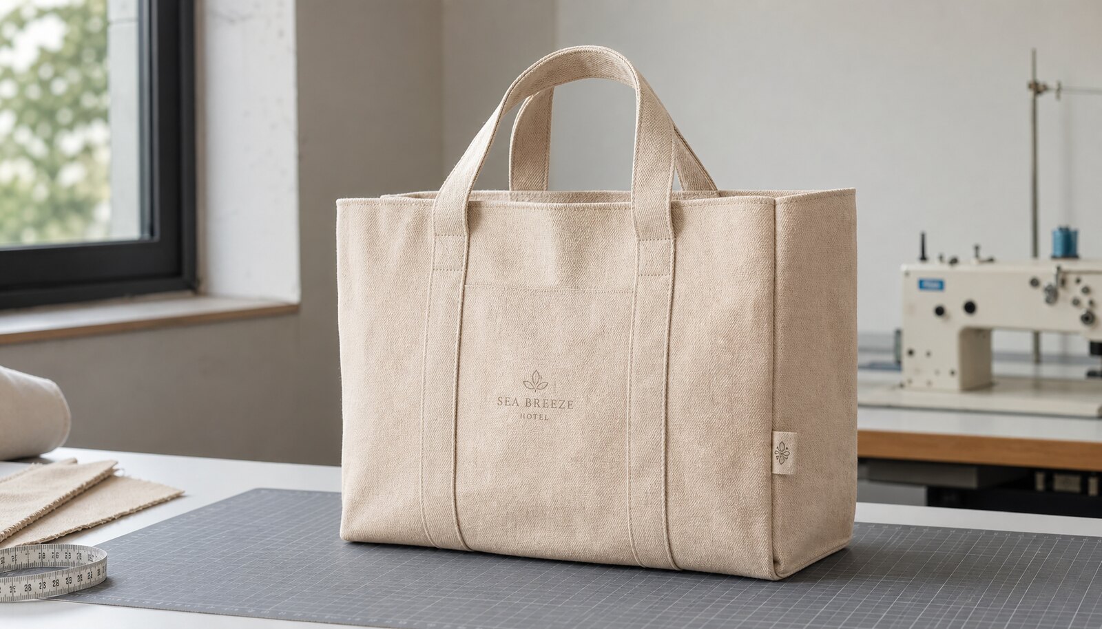 Natural canvas tote bag with a small CottonToMaker sample logo label in a factory sample room