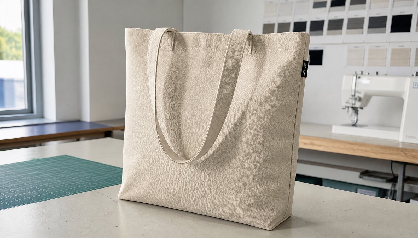 Photorealistic canvas tote bag sample with a small CTM CottonToMaker logo in a clean factory sample room.