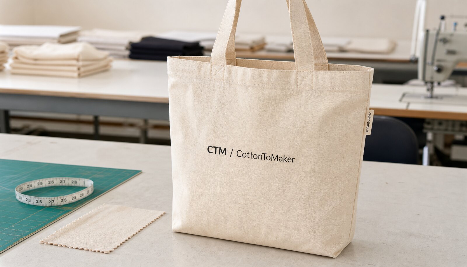 Natural canvas tote bag with a simple CTM sample logo in a clean factory sample room