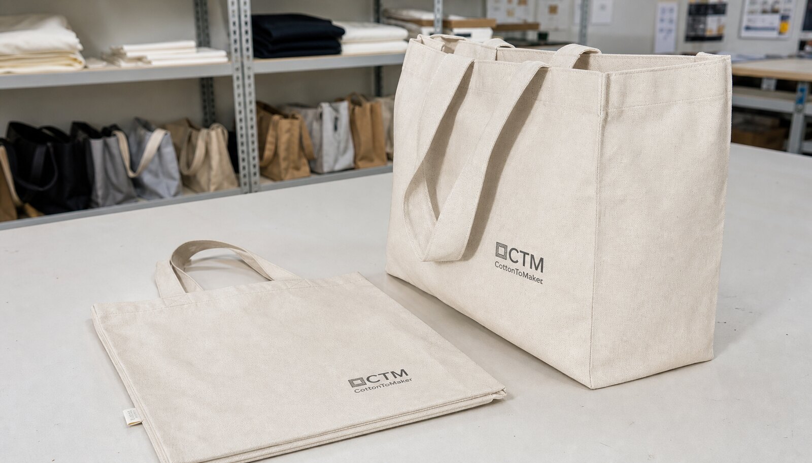 Natural canvas tote bag with a simple CTM sample logo shown in a clean factory sample room