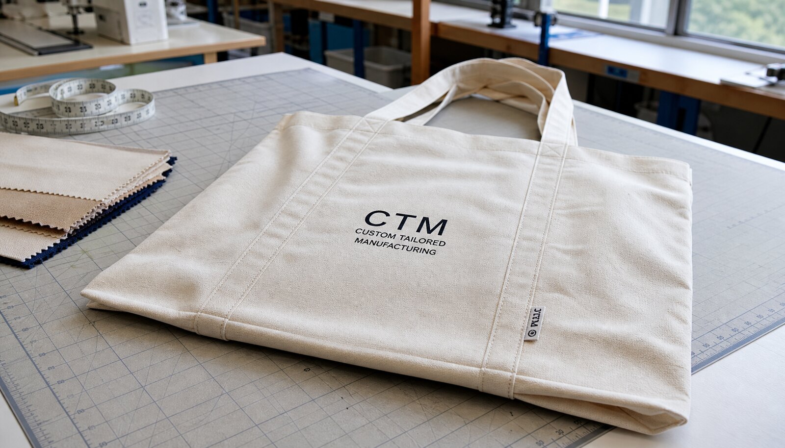 Custom canvas tote bag for museums with a simple CTM logo in a factory sample room