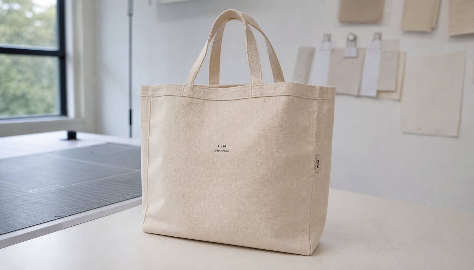 Custom canvas tote bag with a small CTM sample logo photographed in a clean factory sample room