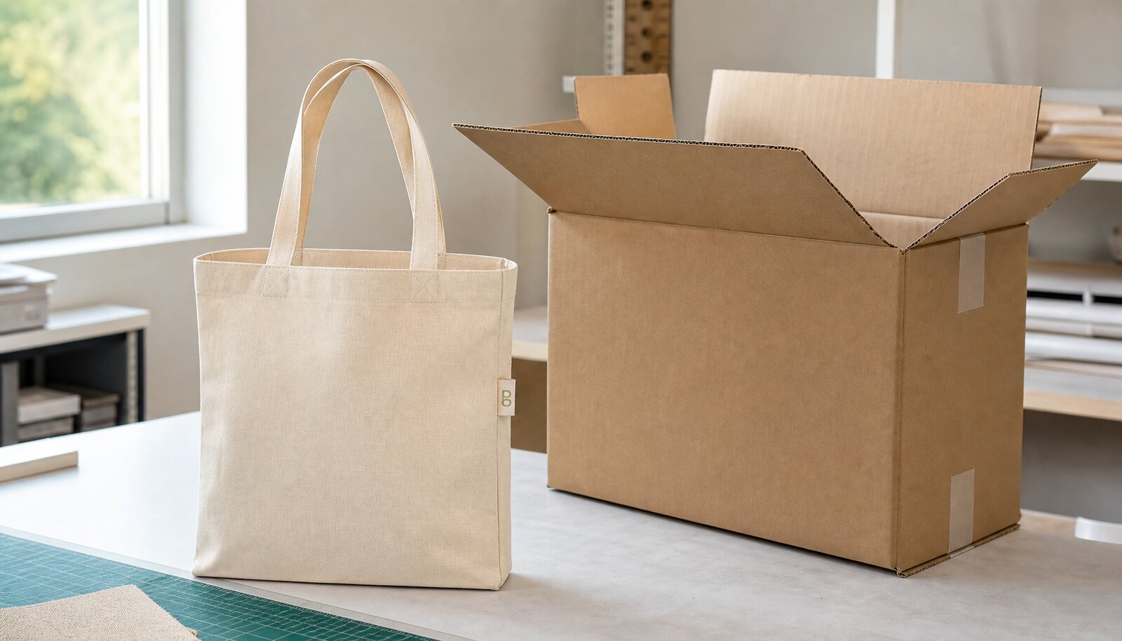 Canvas tote bag with a CTM/CottonToMaker sample logo in a factory sample room next to a shipping carton