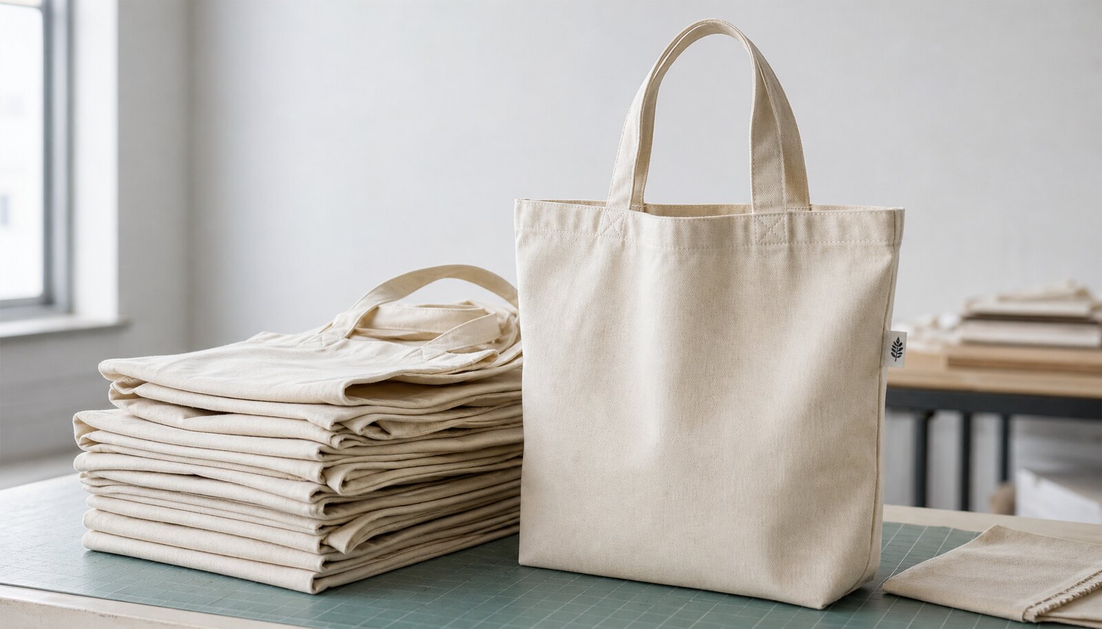 Natural canvas tote bag with a simple sample logo shown in a clean factory sample room
