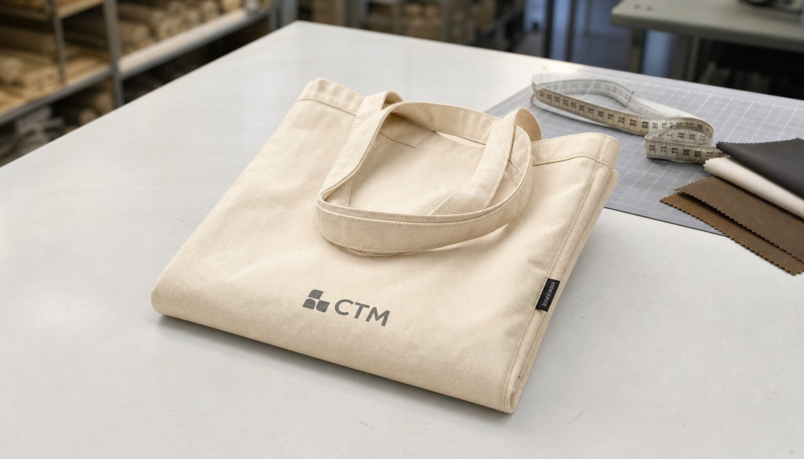 Custom canvas tote bag with CTM logo printed and a woven side label in a factory sample room