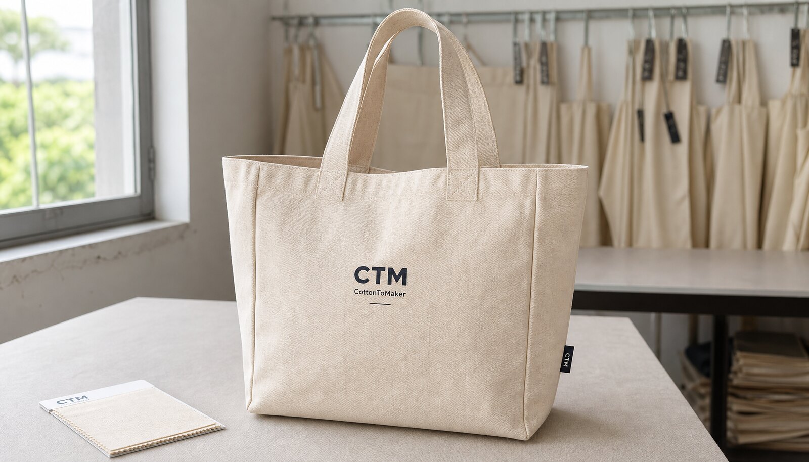 Natural canvas tote bag with a simple CTM CottonToMaker sample logo printed in a clean factory sample room