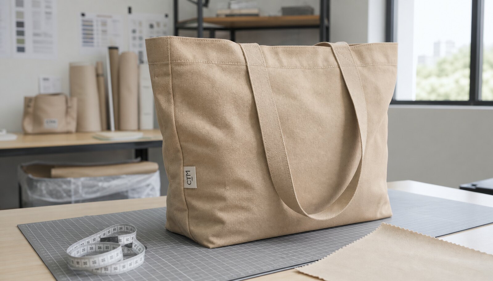 A photorealistic canvas tote sample with a small CTM logo shown in a factory sample room.