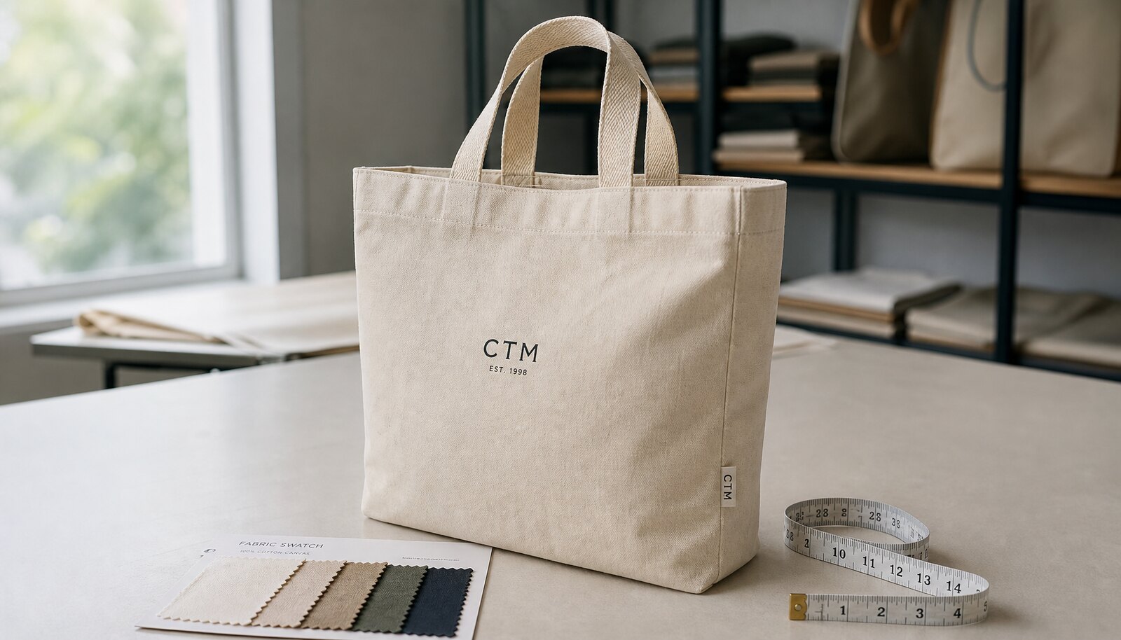 Custom canvas tote bag sample with a simple CTM logo printed on the front in a clean factory sample room