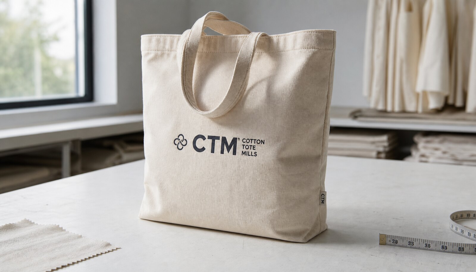 Custom canvas tote bag with a sewn CTM label and printed logo shown in a factory sample room