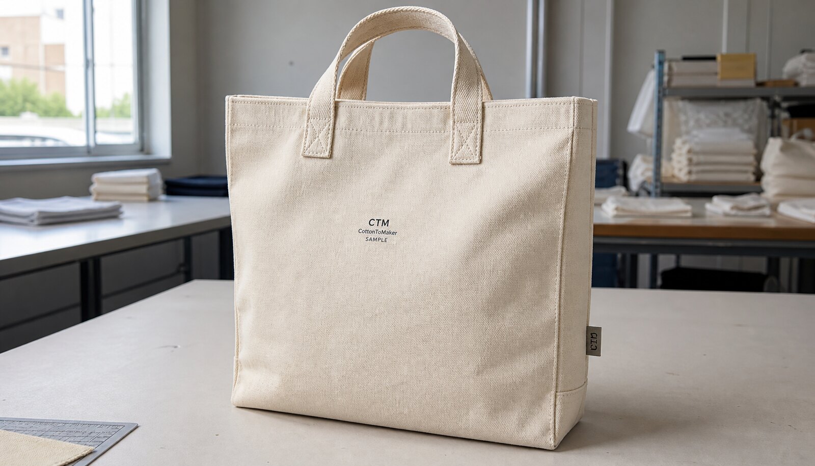 Natural canvas tote bag with CTM/CottonToMaker sample logo shown in a factory sample room
