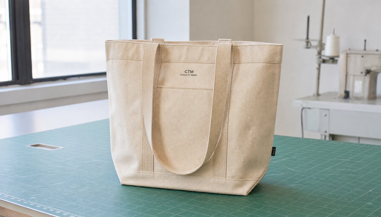 Natural canvas tote bag with a small CTM CottonToMaker logo printed and a woven side label, photographed in a clean factory sample room