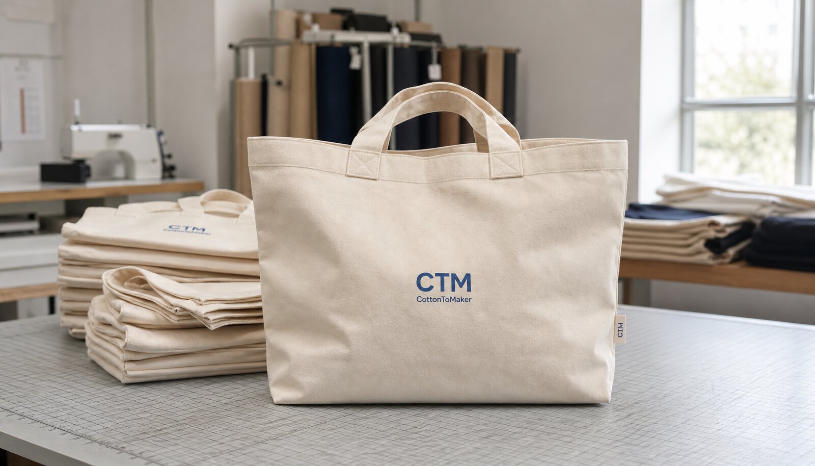 Natural canvas tote bags with a CTM sample logo printed on the front in a factory sample room