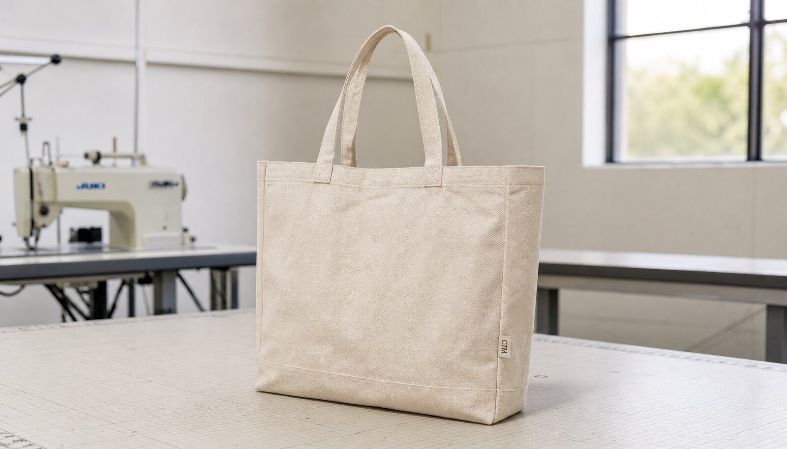 Photorealistic custom canvas tote bag with a simple CTM logo in a clean factory sample room