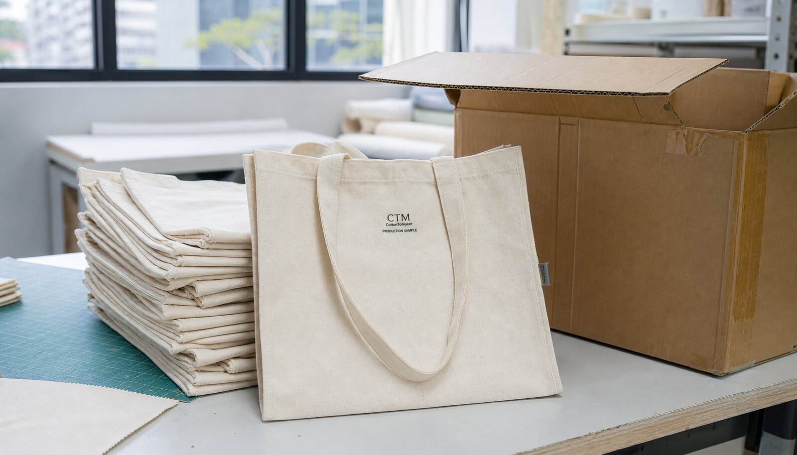 Custom canvas tote bags for schools stacked beside an open shipping carton in a factory sample room with a small CTM logo printed on the bag