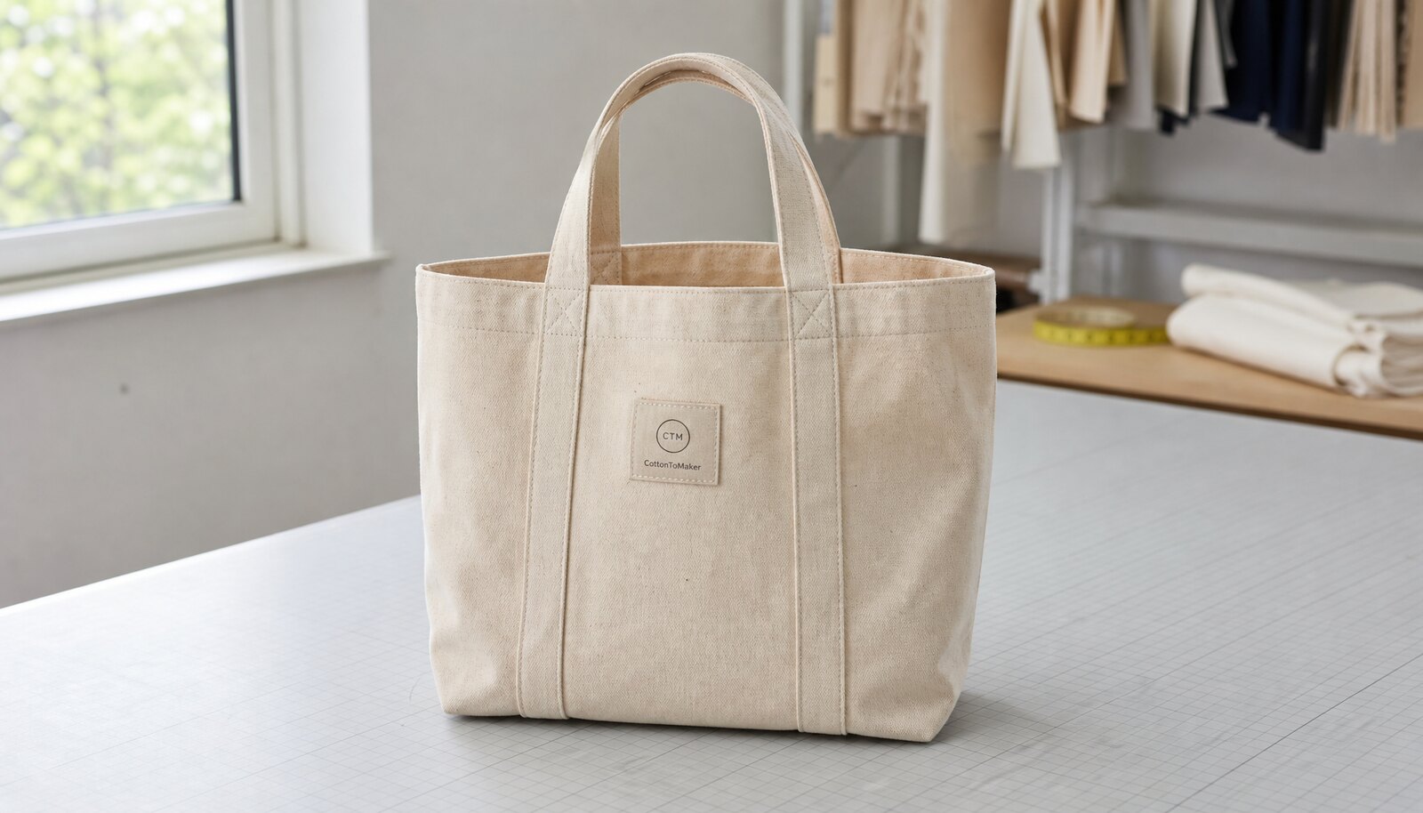 Canvas tote bag with a simple CTM sample logo shown in a clean factory sample room.