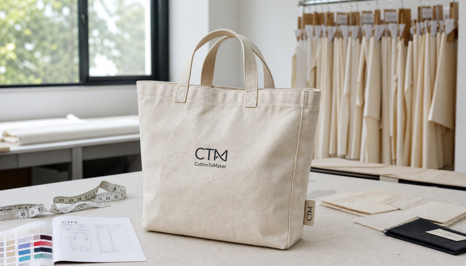 Custom canvas tote bag with a simple CTM/CottonToMaker logo printed on the front in a clean factory sample room