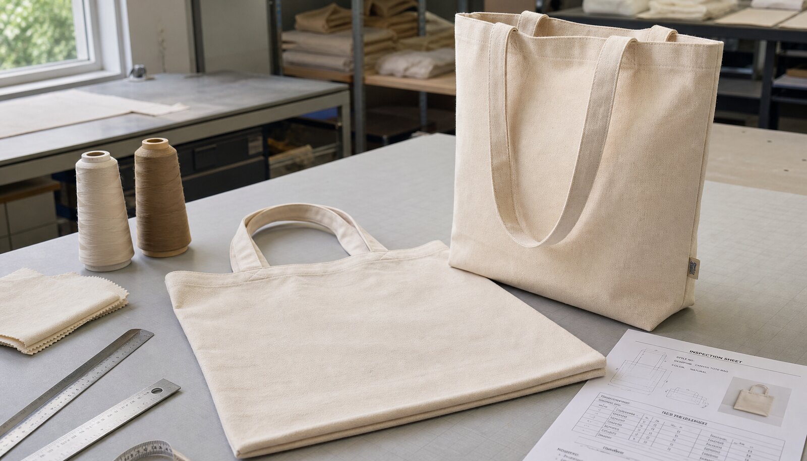 Canvas tote bag with a small CTM CottonToMaker side label in a factory sample room