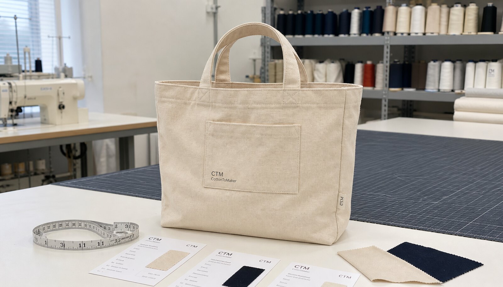 A natural canvas tote bag with a small CTM CottonToMaker sample logo printed on the front, shown in a clean factory sample room with fabric swatches and measuring tools.