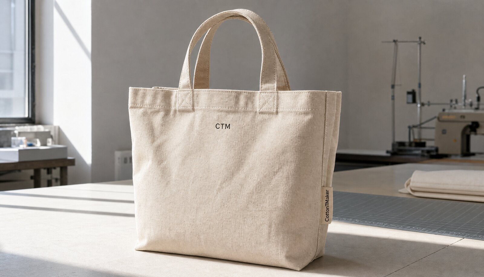 Natural canvas tote bag with a CTM logo printed on it in a clean sample room
