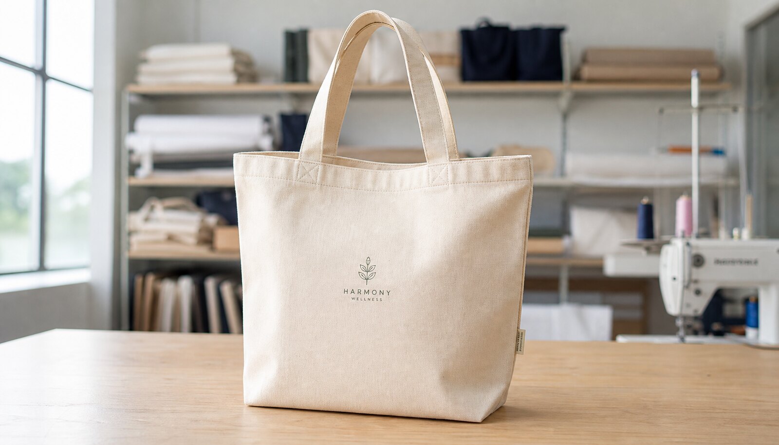 Photorealistic custom canvas tote bag sample with a simple CTM logo in a factory sample room