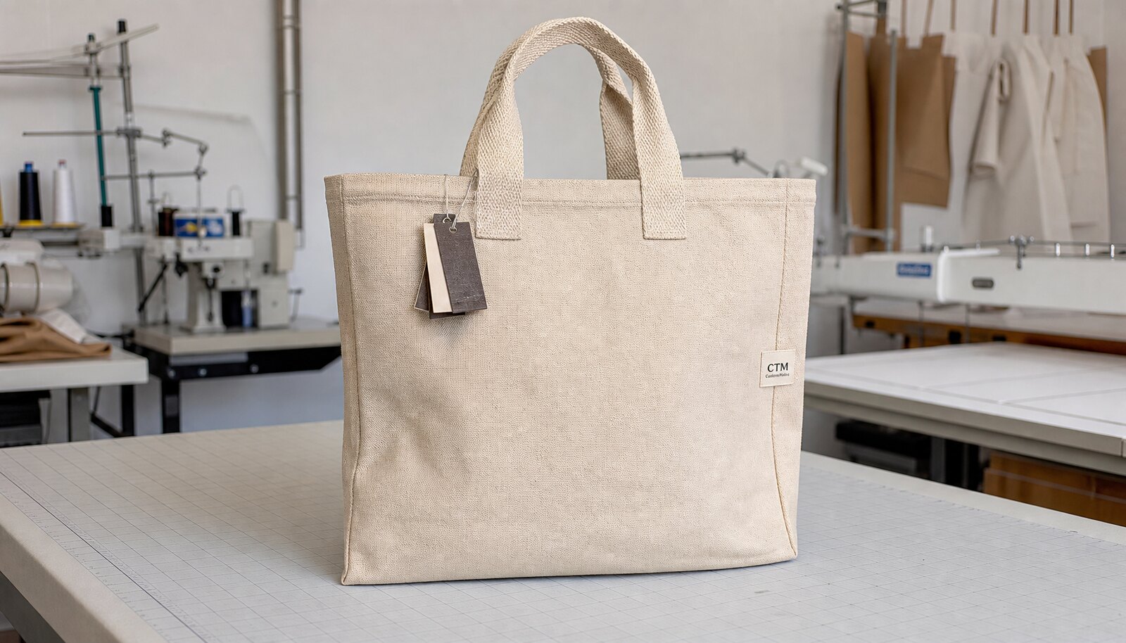 Natural canvas tote bag with a simple CTM woven side label photographed in a clean factory sample room