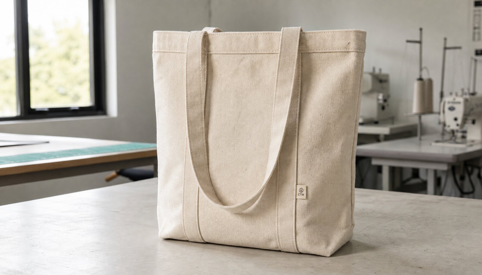 Natural cotton canvas tote bag with a small sewn CTM CottonToMaker sample label in a factory sample room