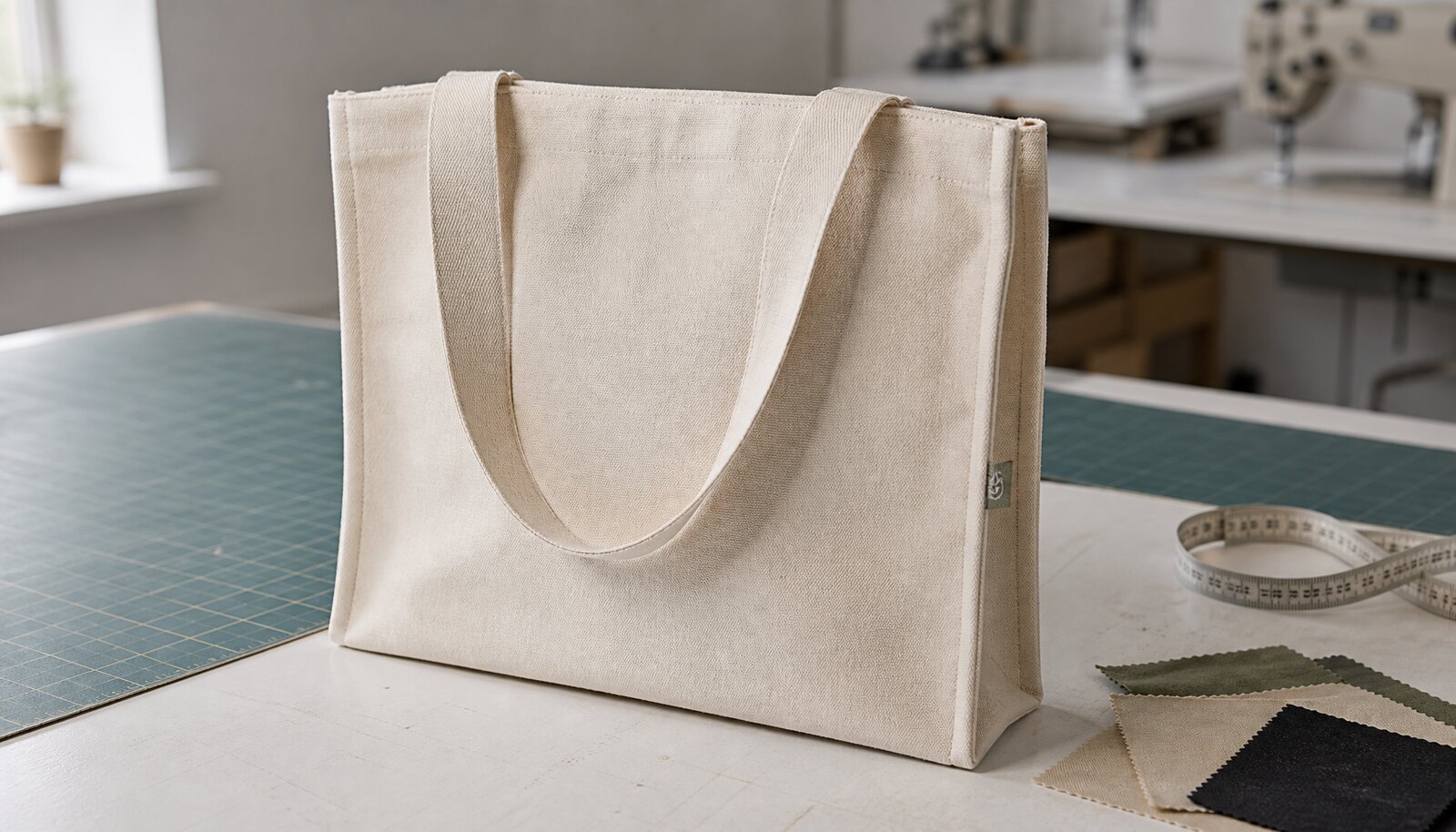 Photorealistic cotton canvas tote bag sample with a simple CTM logo in a factory sample room
