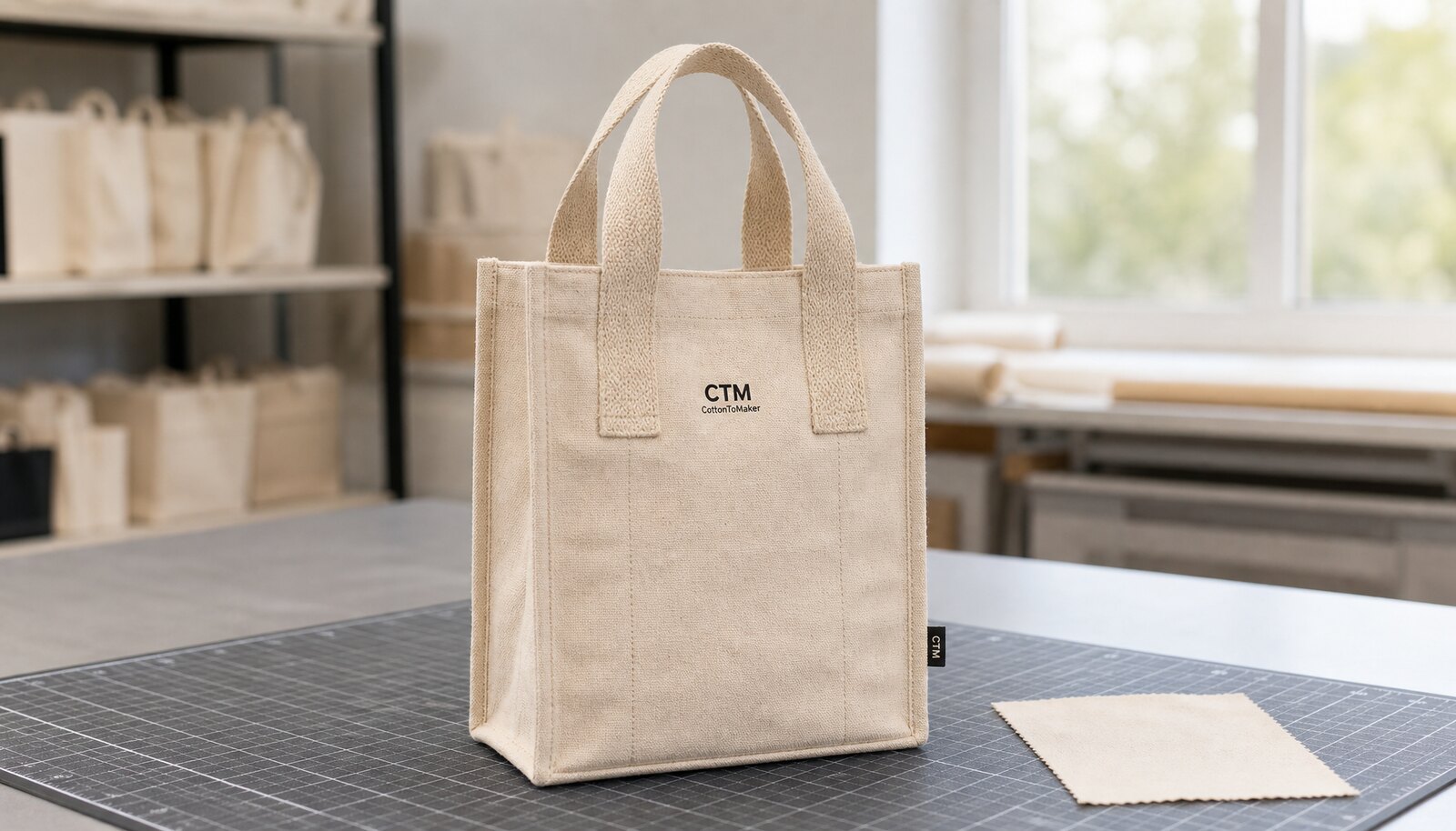 Photorealistic natural canvas wine tote with a small CTM CottonToMaker logo printed on the front panel in a factory sample room.