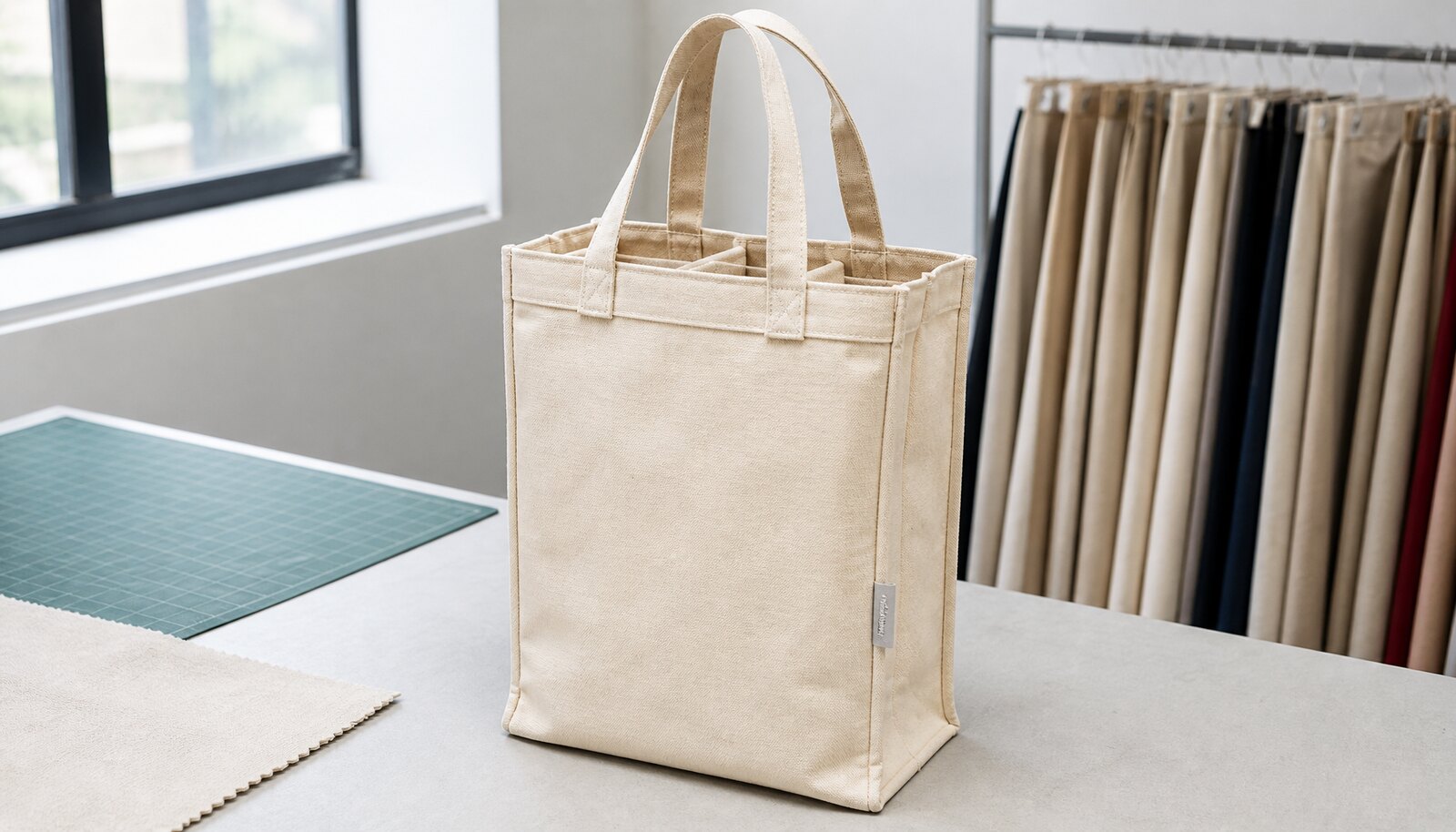 Photorealistic heavy canvas tote bag sized for winery retail use in a factory sample room.