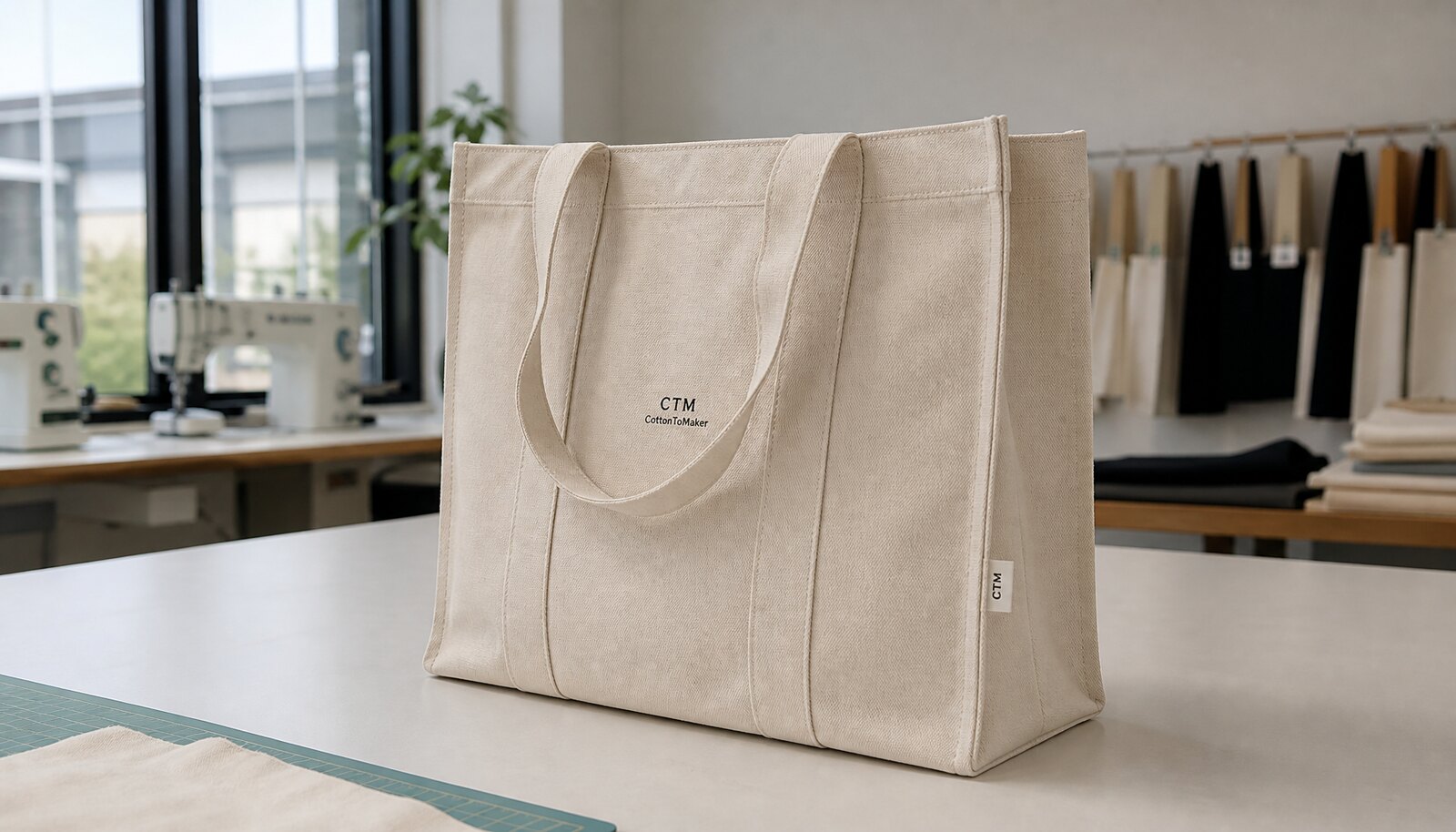 Photorealistic canvas tote bag with a simple CTM logo in a factory sample room