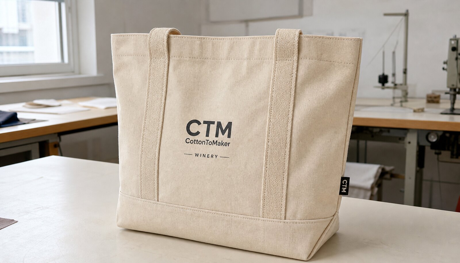 Photorealistic cotton canvas tote bag for winery sampling with a CTM logo printed on the bag and a CTM side label sewn in