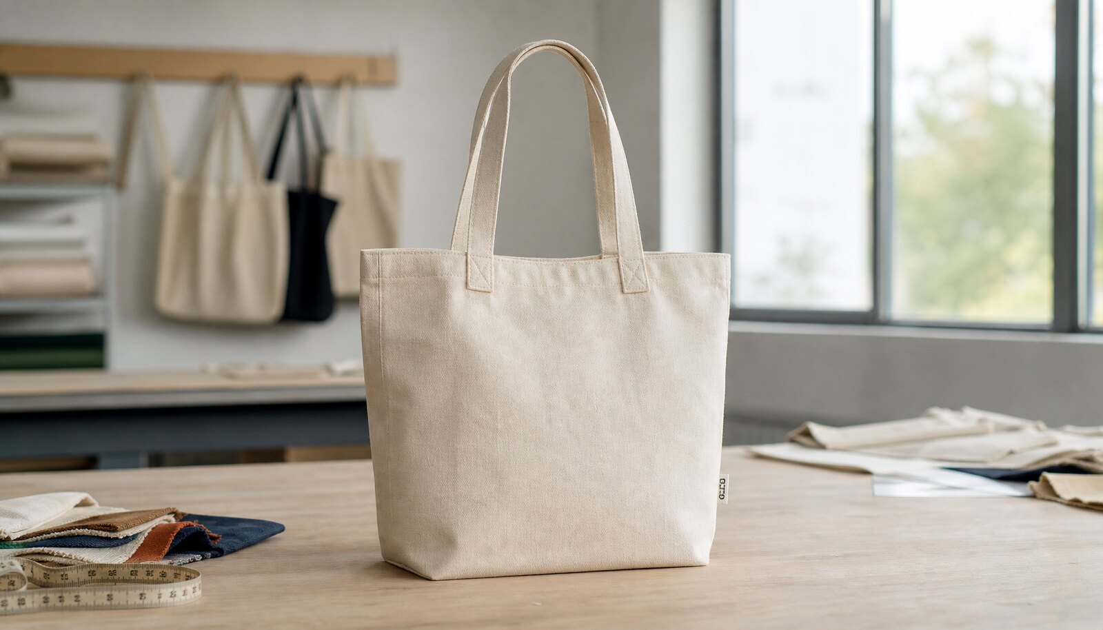 Photorealistic canvas tote bag with a small CTM / CottonToMaker side label in a factory sample room