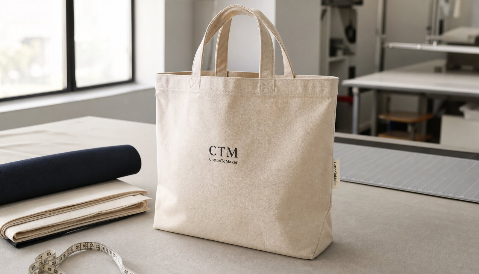 Natural canvas tote bag with a simple CTM sample logo printed in a clean factory sample room