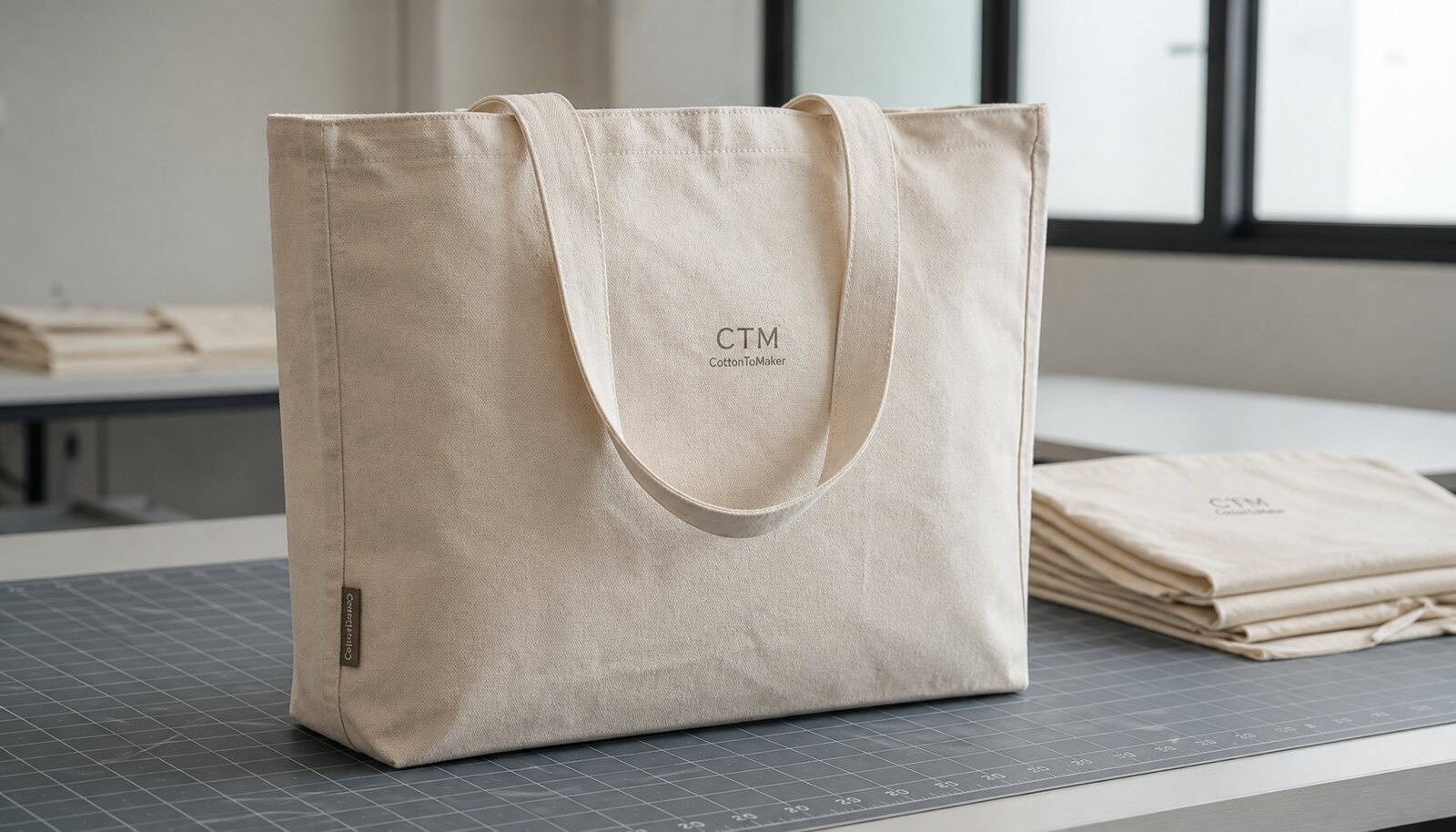 Natural canvas tote bag with a small CTM sample logo and stitched side label in a factory sample room