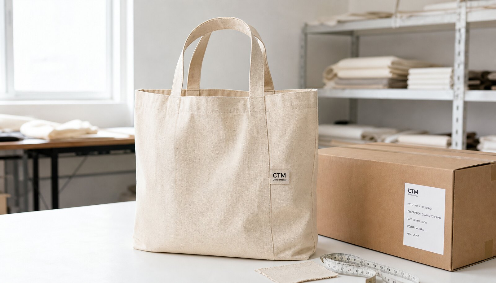 Natural canvas tote bag with a simple CTM CottonToMaker logo shown in a clean factory sample room beside packaging and measurement tools.
