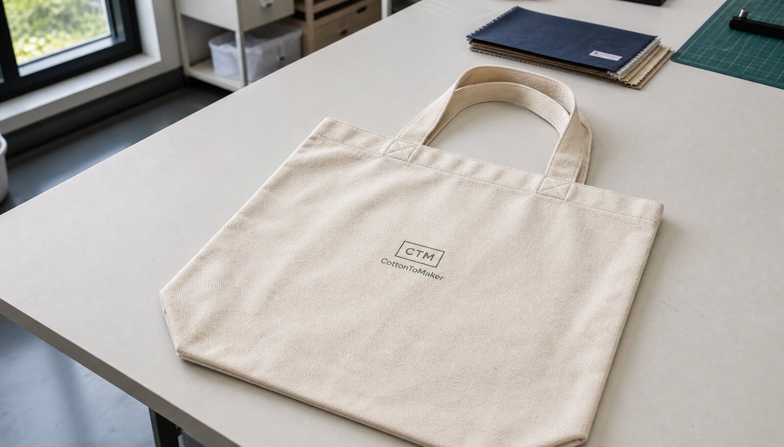 Natural canvas tote bag with a simple CTM sample logo printed in a factory sample room