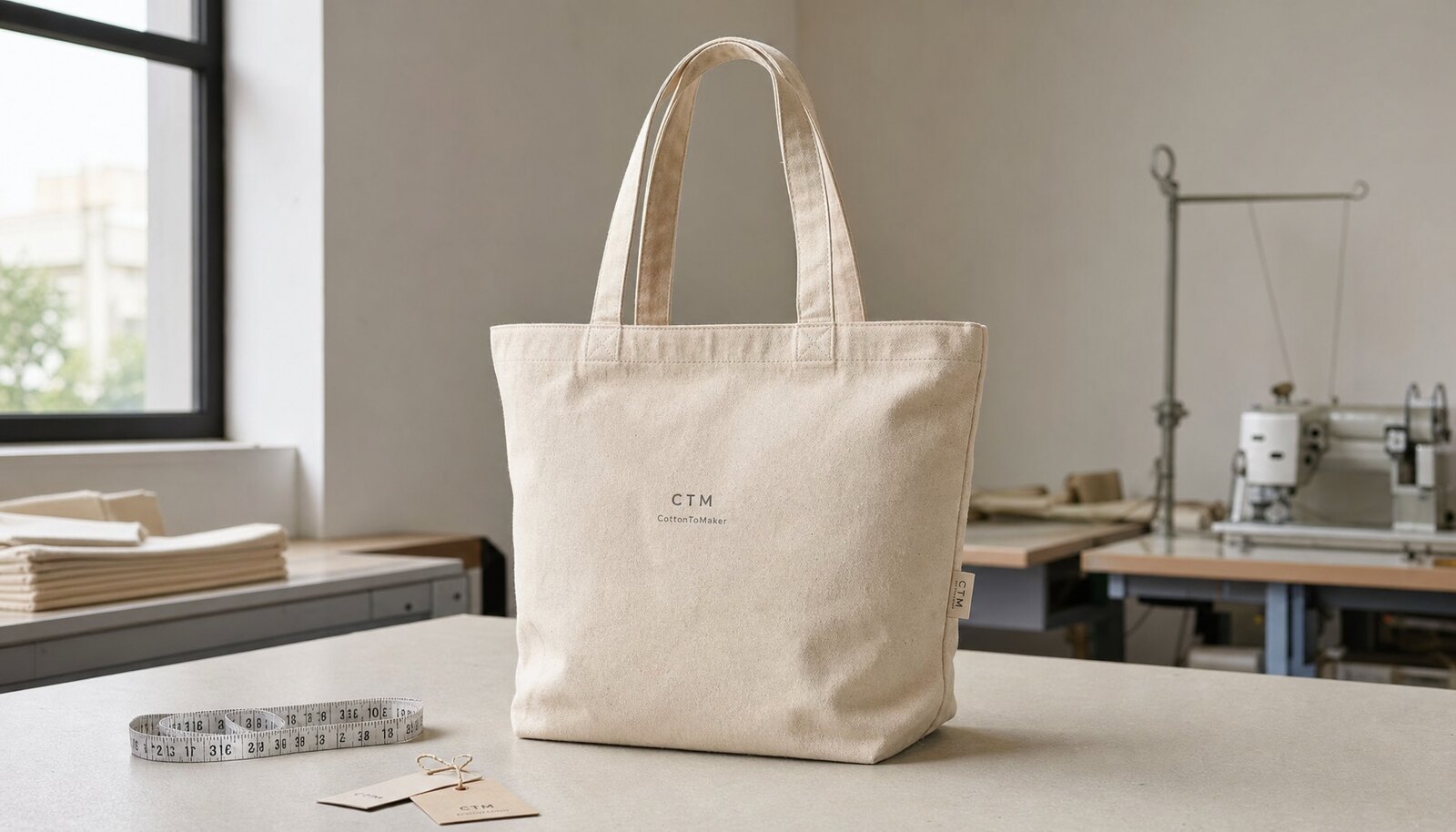 A custom canvas tote bag with a sewn CottonToMaker sample label and printed logo in a factory sample room