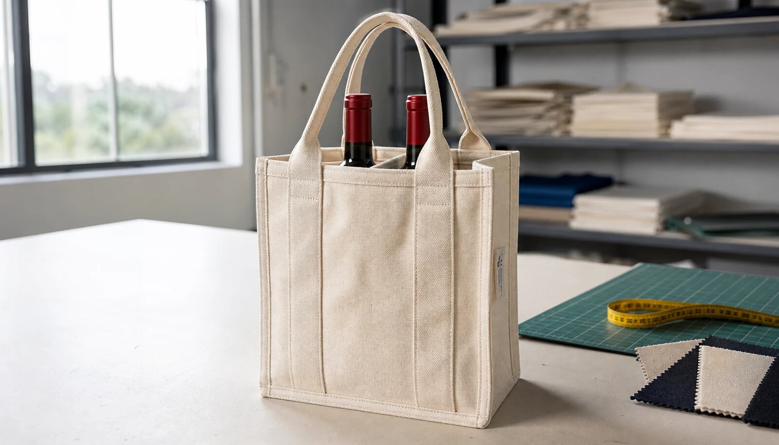 A custom canvas wine carrier with reinforced handles and a simple CTM logo shown in a factory sample room for durability review.