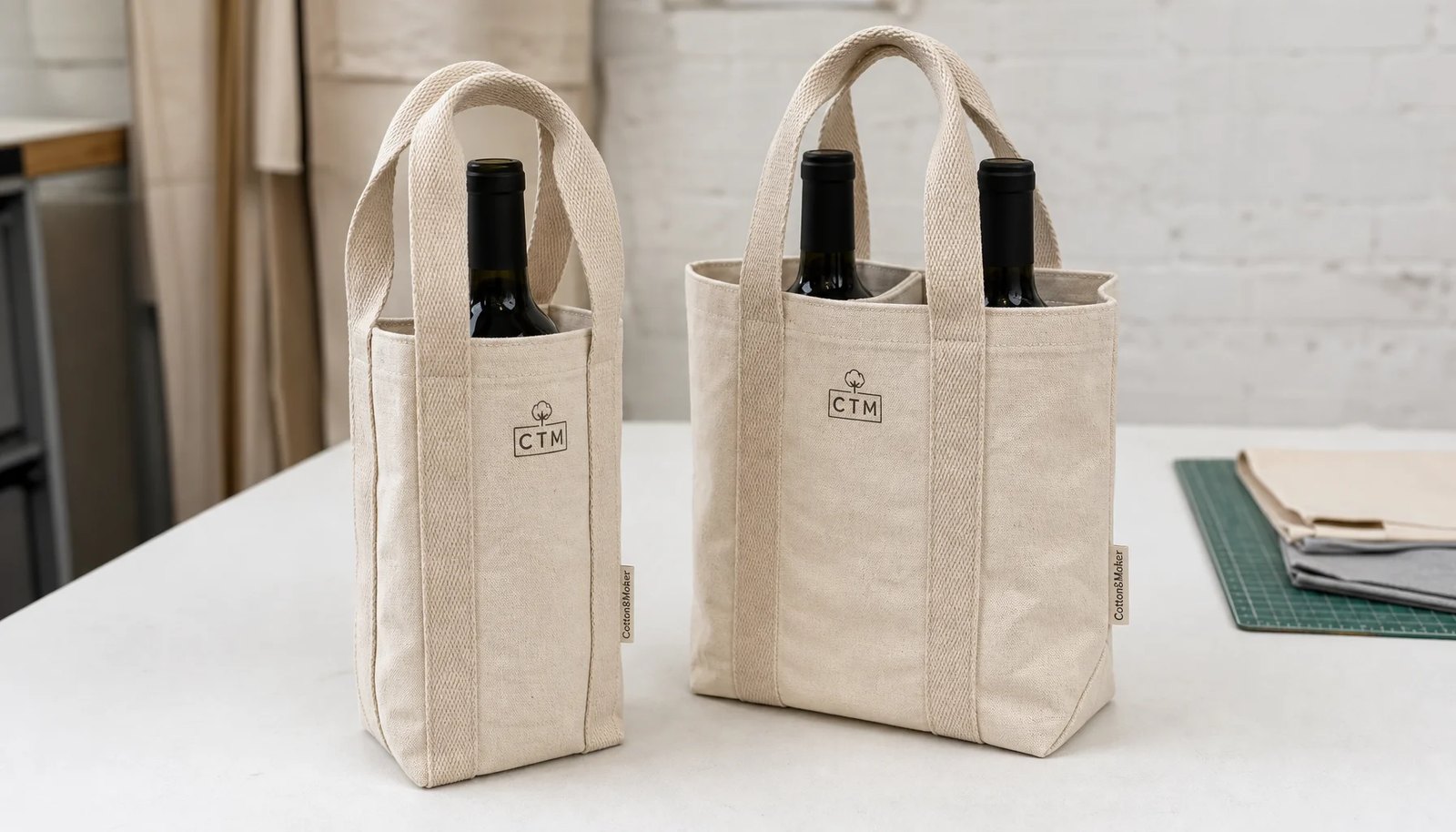 Custom canvas wine carriers with CTM logo and reinforced handles in a factory sample room
